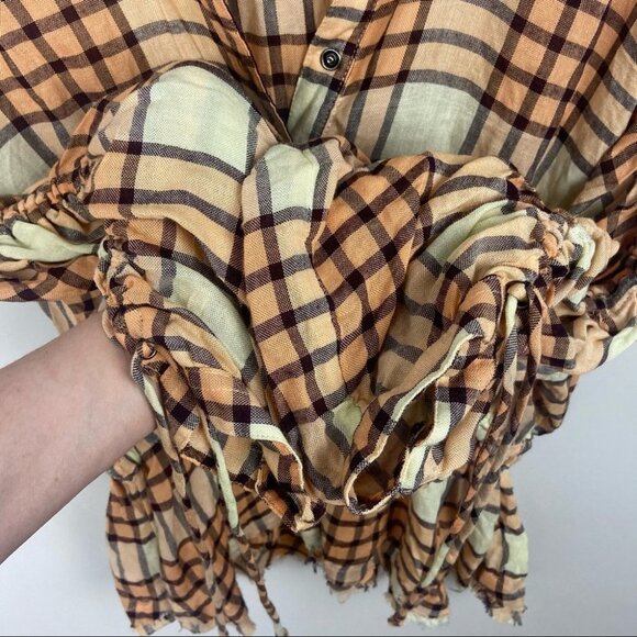 Free People Pacific Dawn Plaid Shirt Drawstring Size Small Brown Boho Top Button - Picture 7 of 11